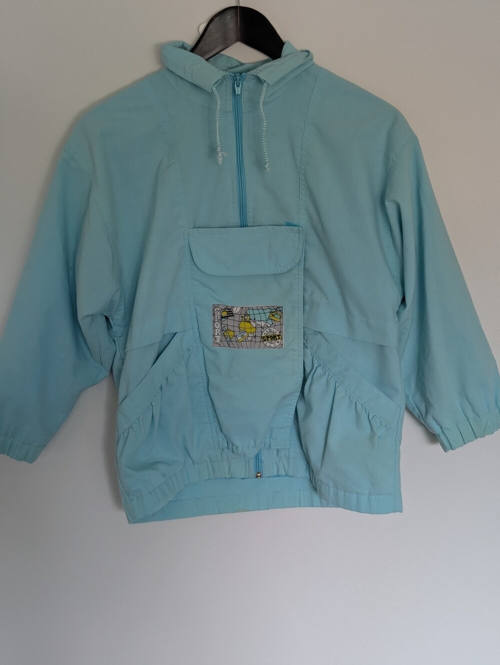 Vintage 80s 90s Pastel Light Blue Map Graphic Windbreaker Jacket Size 10